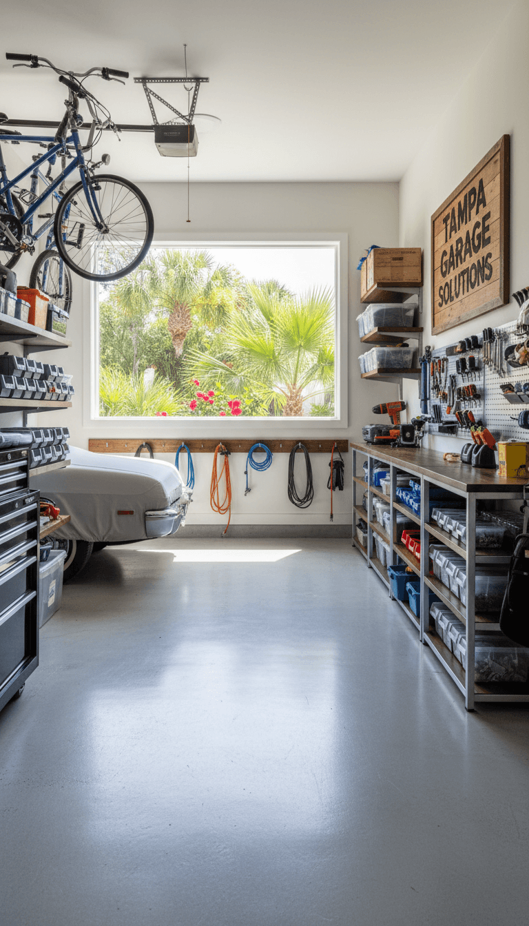 Professionally organized garage with clean floors and neatly stored items.