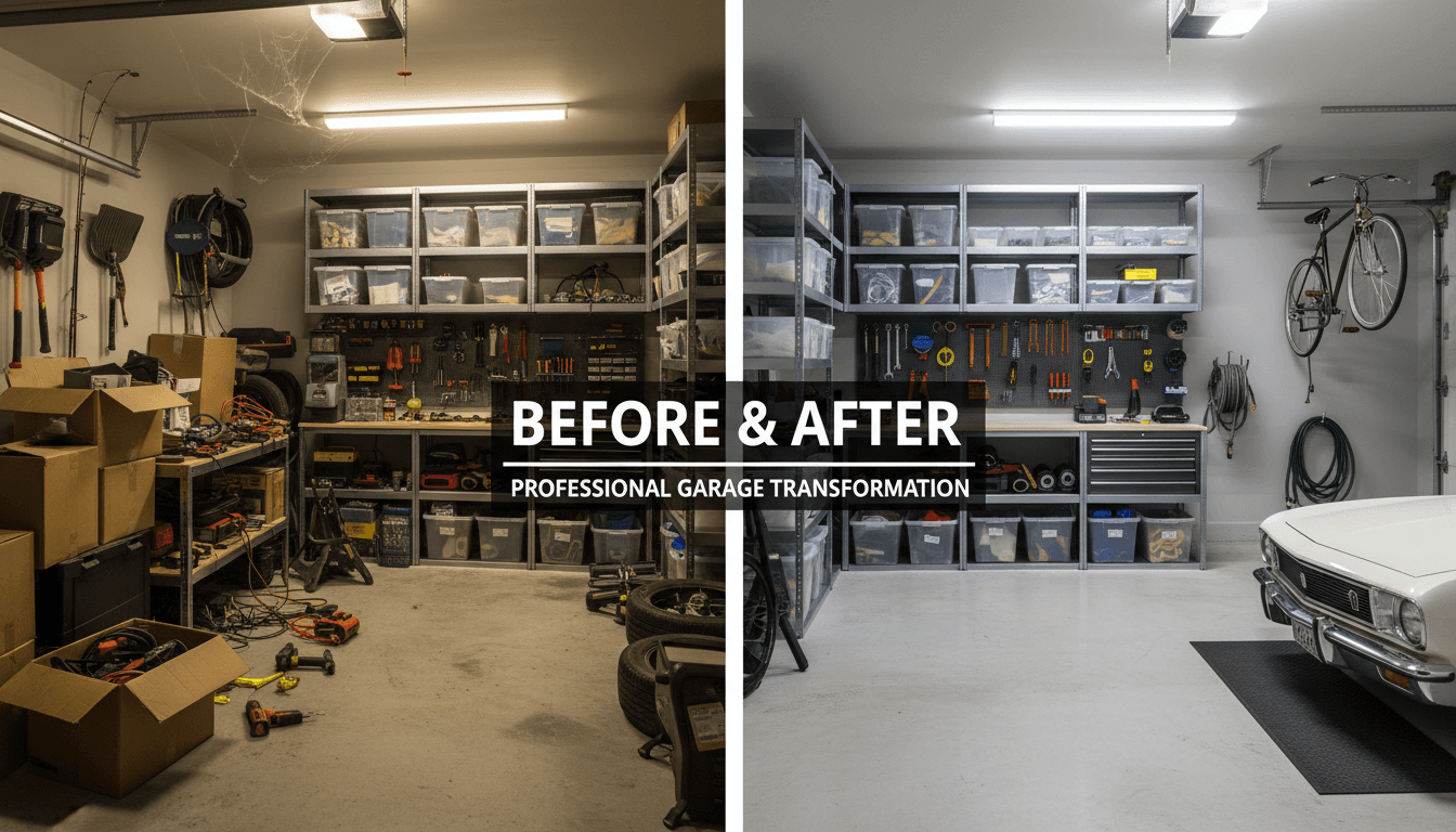 Garage split view before and after professional cleanout showcasing dramatic transformation