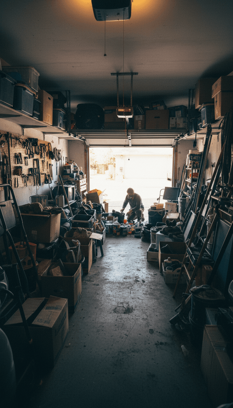 Cluttered garage before cleanout service