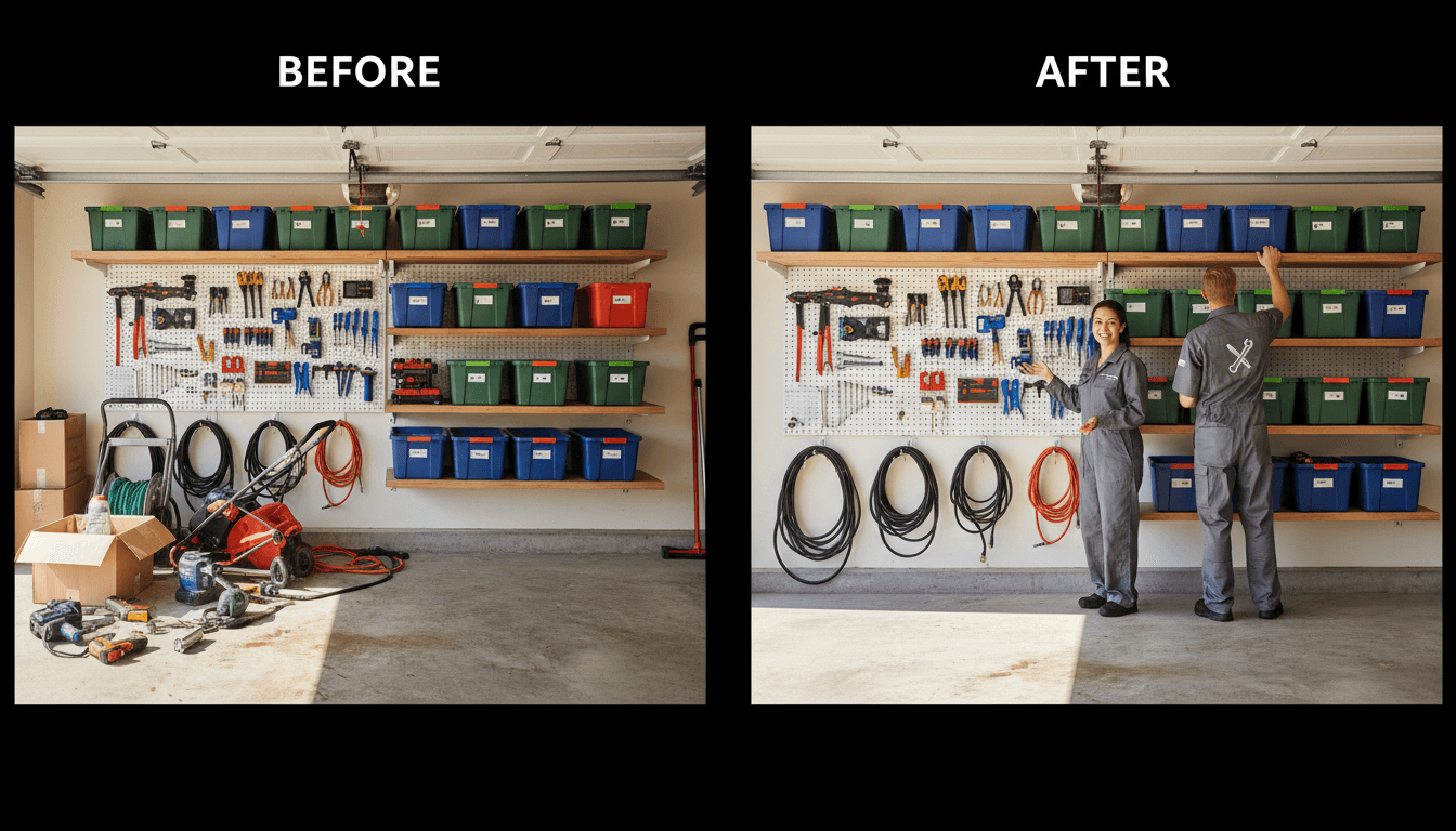 Restored garage with organized storage and clean flooring