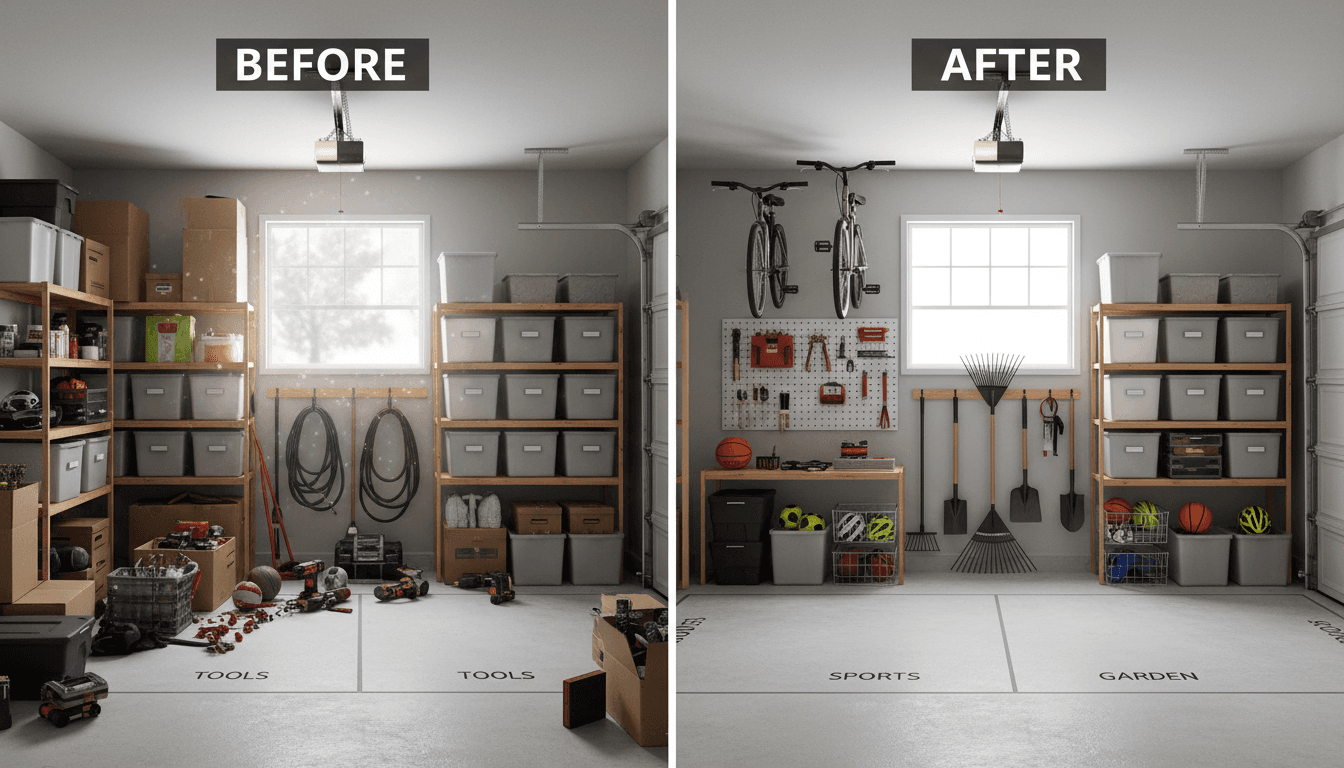 Before-and-after split view of a garage transformed from cluttered to fully organized with storage systems and clear zones