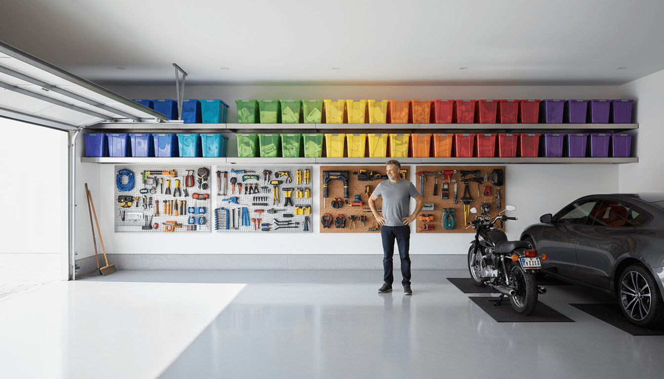 Clean organized garage with shelving and stored items