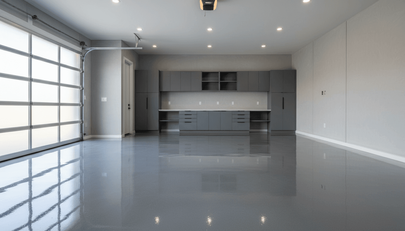 Fully restored garage with organized storage system and clean flooring